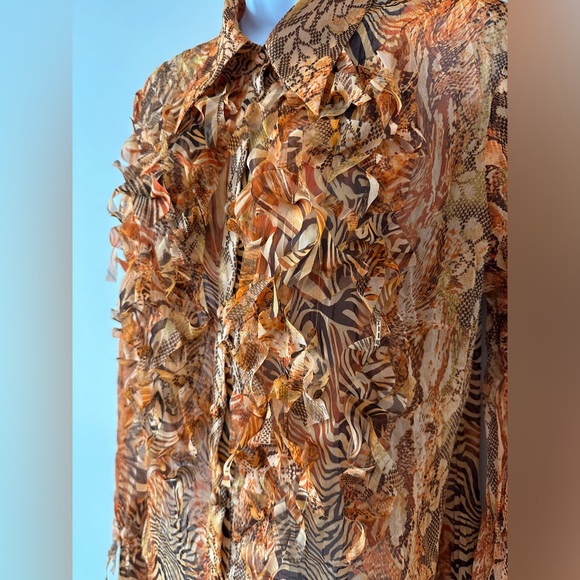 Y2K Sheer Fringe Mix Animal Print Button Down Top With Flare Sleeve Detail Sz L - Picture 5 of 9